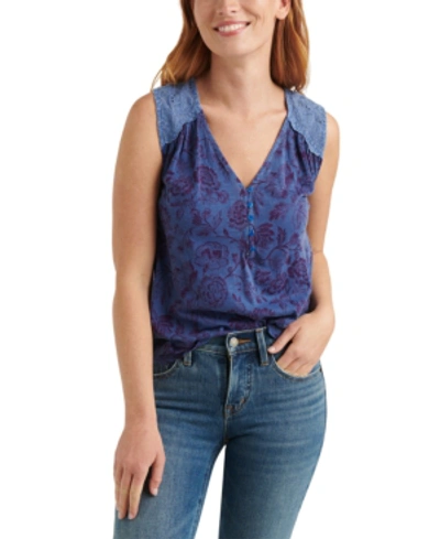 Shop Lucky Brand Printed Henley Tank Top In Navy Multi