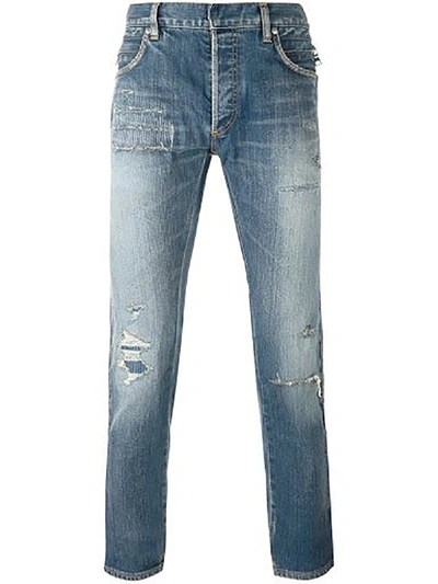 Shop Balmain Blue Destroyed Effect Denim Jeans