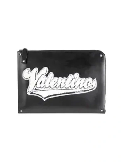 Shop Valentino Fuzzy Logo Patch Leather Document Case In Nero