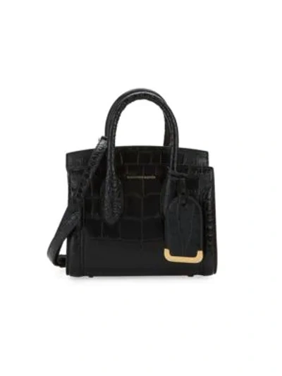 Shop Alexander Mcqueen Mini Heroine Crocodile Embossed Leather Satchel In Black