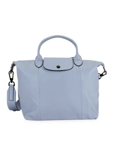 Shop Longchamp Logo Leather Satchel In Light Blue