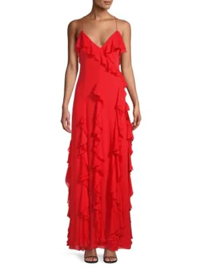 Shop Alice And Olivia Spaghetti-strap Ruffled Gown In Cherry