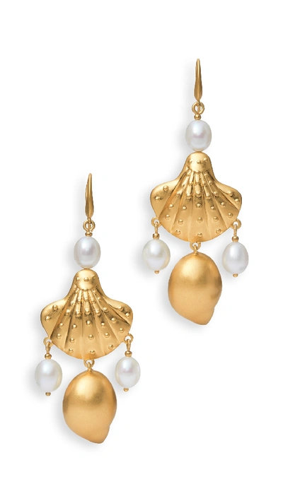 Shop Tory Burch Shell And Pearl Drop Earrings In Rolled Brass/pearl