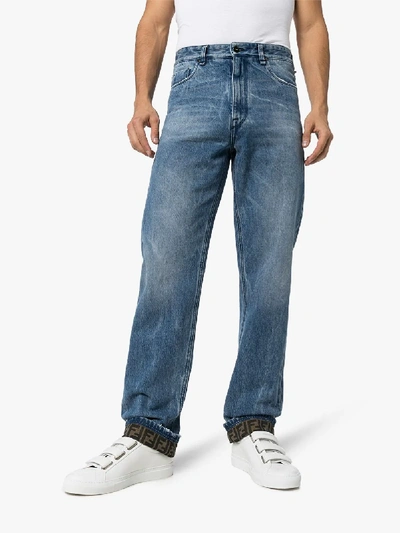Shop Fendi Ff Logo Turn-up Jeans In Blue