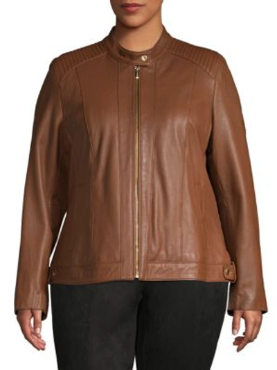 Shop Cole Haan Plus Zip-front Leather Moto Jacket In Chestnut
