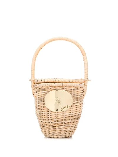 Patou Logo Plaque Wicker Bucket Bag In Neutrals