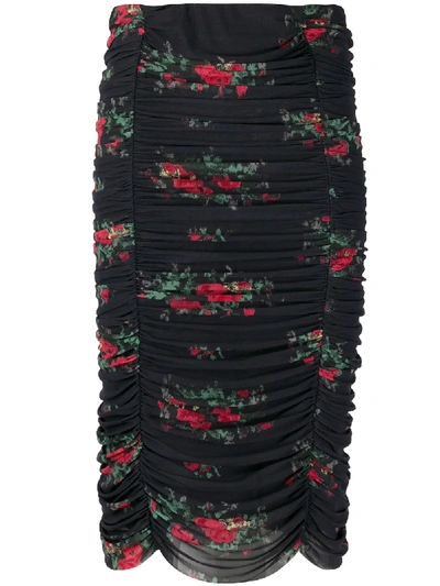 Shop Ganni Floral-print Ruched Skirt In Black