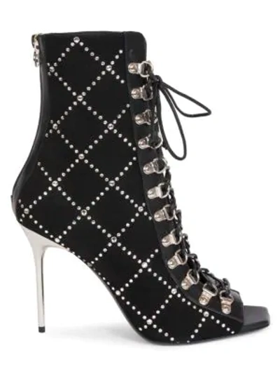 Shop Balmain Ryana Peep-toe Crystal-embellished Suede Booties In Noir