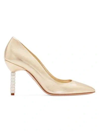 Shop Sophia Webster Jasmine Embellished-heel Metallic Pumps In Champagne Glitter