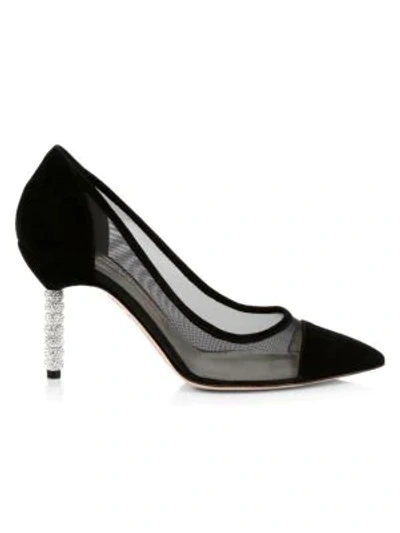 Shop Sophia Webster Jasmine Embellished-heel Suede & Mesh Pumps In Black