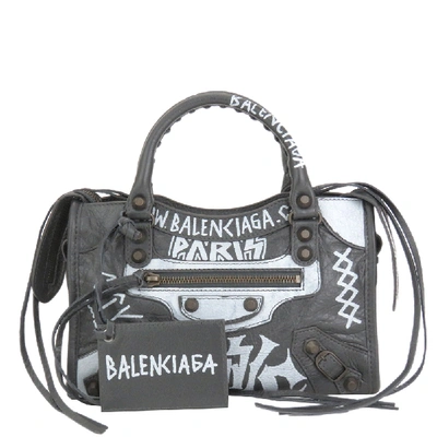 Pre-owned Balenciaga Grey/white Leather Motocross Classic Mini City Graffiti  Bag | ModeSens