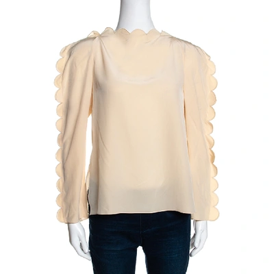 Pre-owned Fendi Cream Silk Scalloped Long Sleeve Blouse S