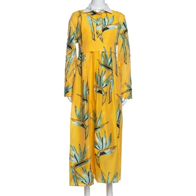 Pre-owned Fendi Yellow Silk Jacquard Birds Of Paradise Flower Dress M