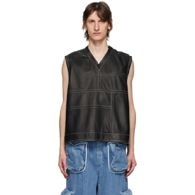 Shop Sunnei Black Leather V-neck Vest