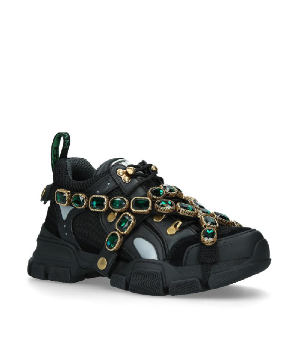 Gucci Flashtrek Embellished Logo-embossed Mesh, Suede And Leather Sneakers  In Black | ModeSens