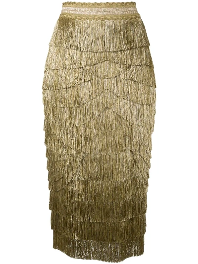 Shop Dolce & Gabbana Tiered Metallic Fringed Skirt In Gold