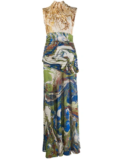 Shop Jil Sander Marble-print Draped Long Dress In Neutrals