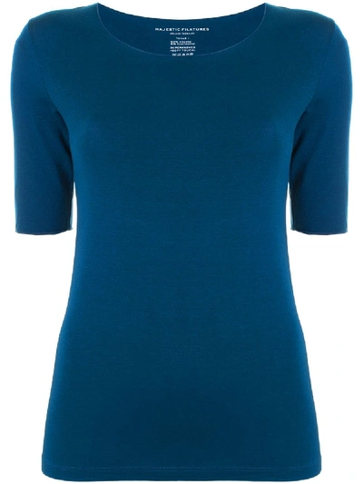 Shop Majestic Elbow-sleeve Scoop-neck T-shirt In Blue