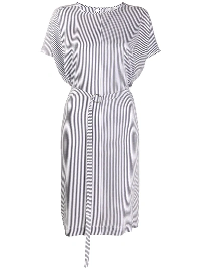Shop Peserico Belted Stripe Dress In Blue