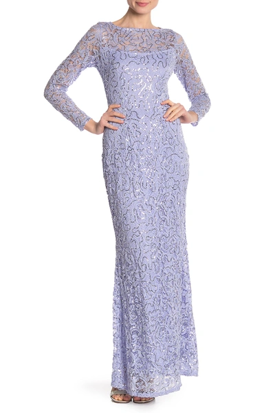 Shop Marina Sequin Lace Long Sleeve Gown In Lilac