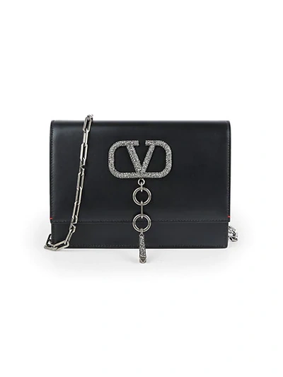 Shop Valentino Women's Rhinestone Embellished V-ring Leather Crossbody Bag In Black