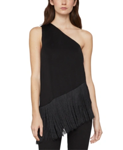 Shop Bcbgmaxazria Asymmetrical Fringed-hem Top In Black