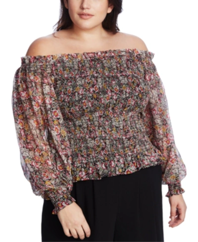 Shop 1.state Trendy Plus Size Smocked Off-the-shoulder Top In Rich Black Multi
