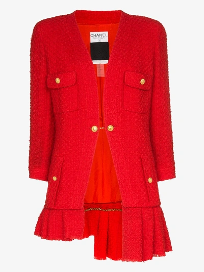 Shop Tiger In The Rain Womens Red Reworked Chanel Asymmetric Ruffled Tweed Jacket