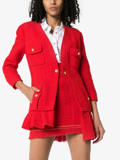 Shop Tiger In The Rain Womens Red Reworked Chanel Asymmetric Ruffled Tweed Jacket