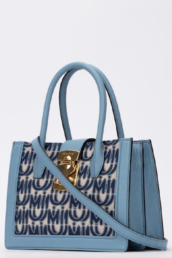 Miu Miu Jacquard Logo Print Tote Bag In Blue ModeSens