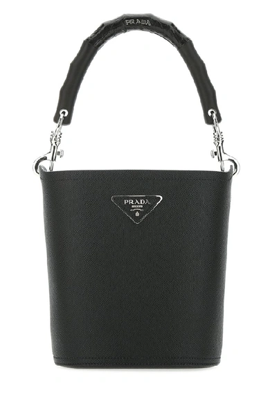 Shop Prada Logo Plaque Bucket Bag In Black