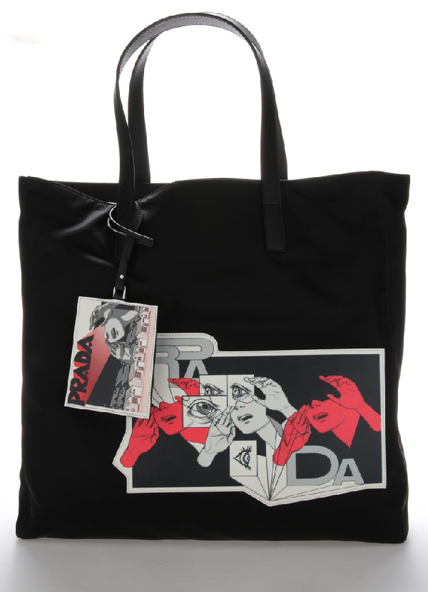 Prada Comic Print Tote Bag In Black 