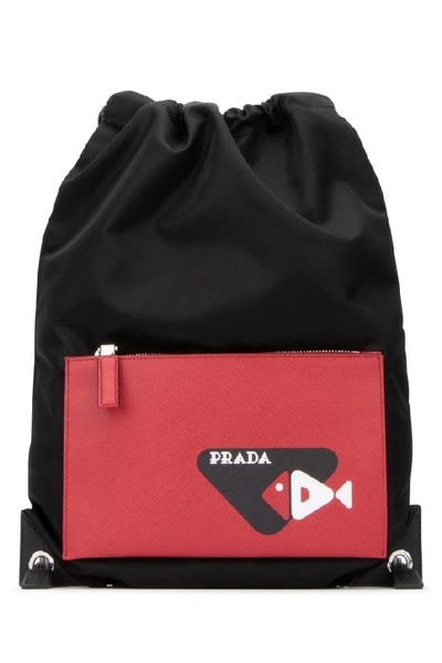 Shop Prada Pocket Motif Drawstring Backpack In Black
