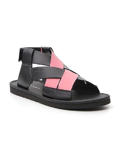 Shop Prada Woven Crossover Sandals In Nero+petalo
