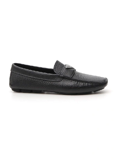 Shop Prada Saffiano Logo Loafers In Black