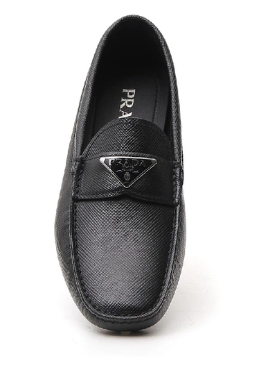 Shop Prada Saffiano Logo Loafers In Black