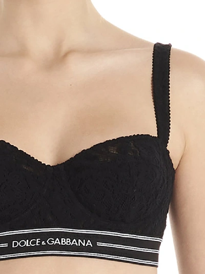 Shop Dolce & Gabbana Logo Trim Lace Bra In Black