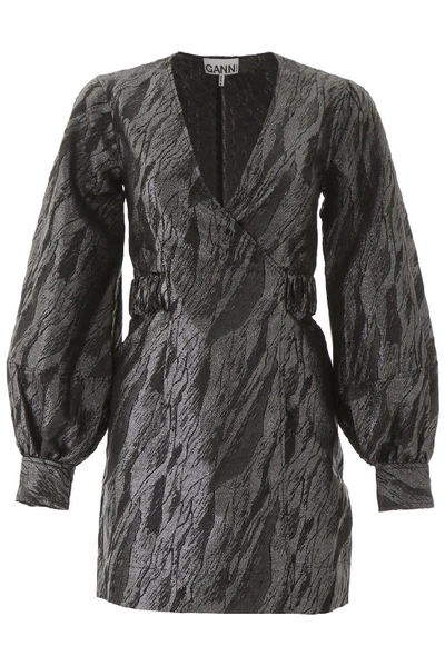 Shop Ganni Jacquard Wrap Mini Dress In Grey