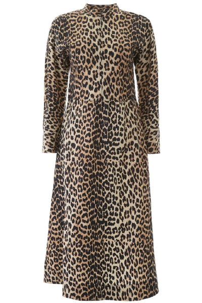 Leopard Print Long Sleeve Poplin Midi Dress In Brown