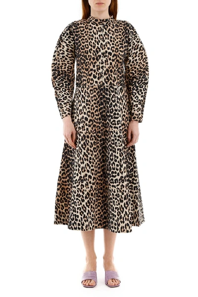 Shop Ganni Leopard Print Zipped Midi Dress In Multi