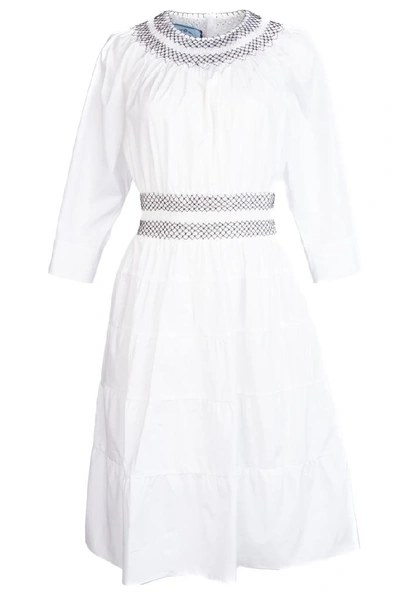 Shop Prada Smocking Detail Flared Dress In Bianco Nero