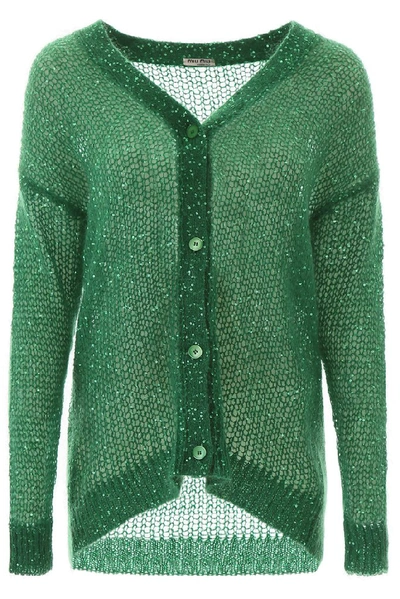 Shop Miu Miu Sequins Knitted Cardigan In Green