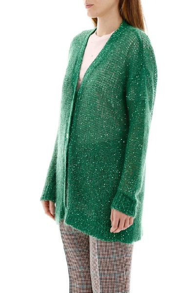 Shop Miu Miu Sequins Knitted Cardigan In Green