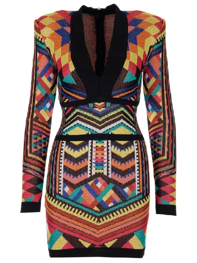 Shop Balmain Geometric Motif Knitted Dress In Multi