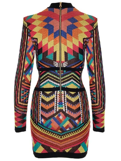 Shop Balmain Geometric Motif Knitted Dress In Multi