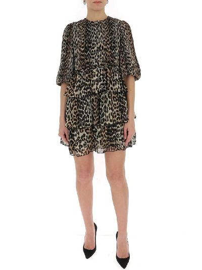 Shop Ganni Georgette Leopard Print Mini Dress In Brown