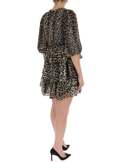 Shop Ganni Georgette Leopard Print Mini Dress In Brown