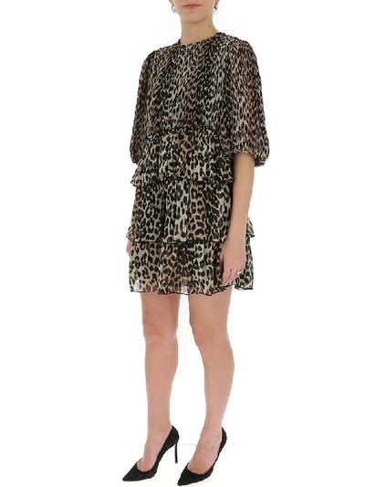 Shop Ganni Georgette Leopard Print Mini Dress In Brown