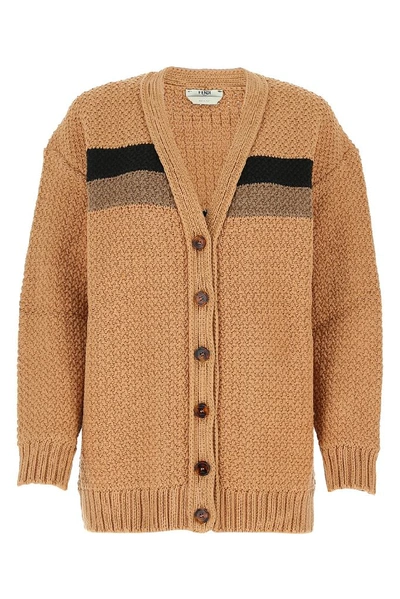 Shop Fendi Cable Knit Cardigan In Beige