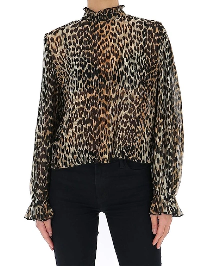 Shop Ganni Leopard Print Pleated Blouse In Brown